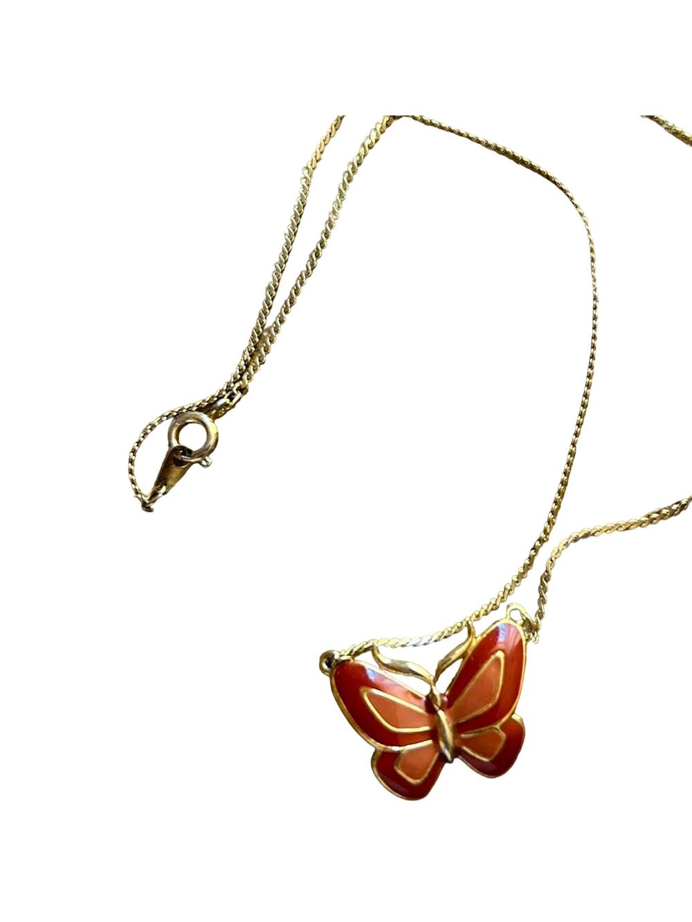 Vintage Gold Butterfly Necklace  Mod Burnt Orange red combo with gold detail